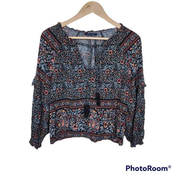 American Eagle Outfitters Tops - American Eagle Floral Boho Tassel Tie Front Peasant Style Blouse Top Sz XS
